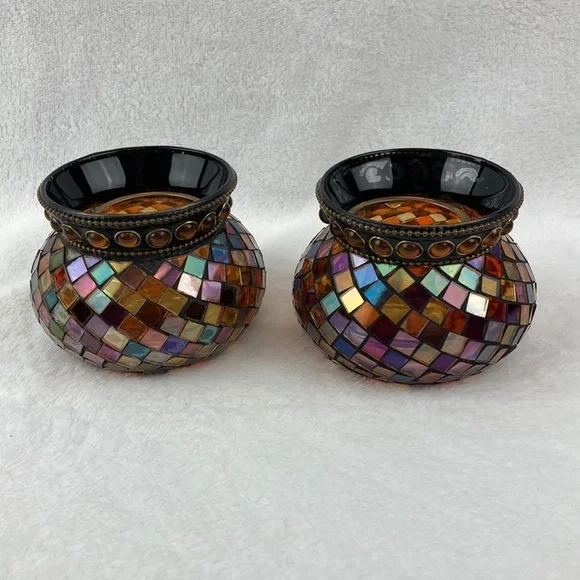 Partylite Mosaic Glass Candle Holders - Brown and Gold Set of 2 - Picture 5 of 16